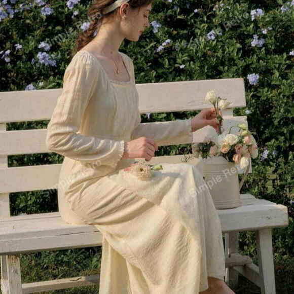 Simple Retro Lace Patchwork Cottage Core Yellow M Coquette Lace Dress‎ - Picture 5 of 15